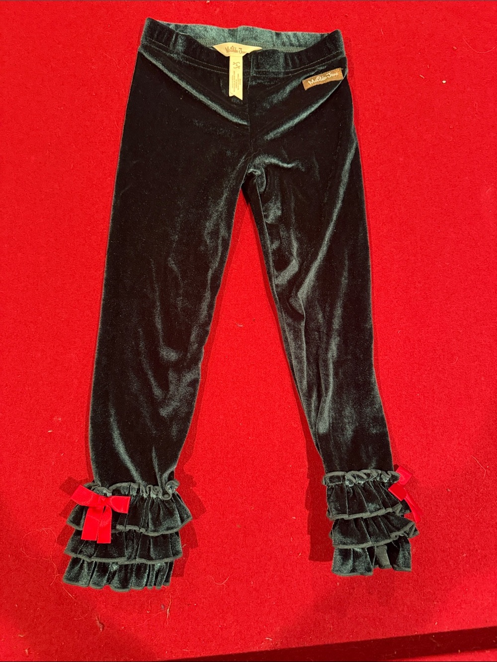 Matilda Jane Green Velvet Ruffle Leggings with Red Bow - Kids